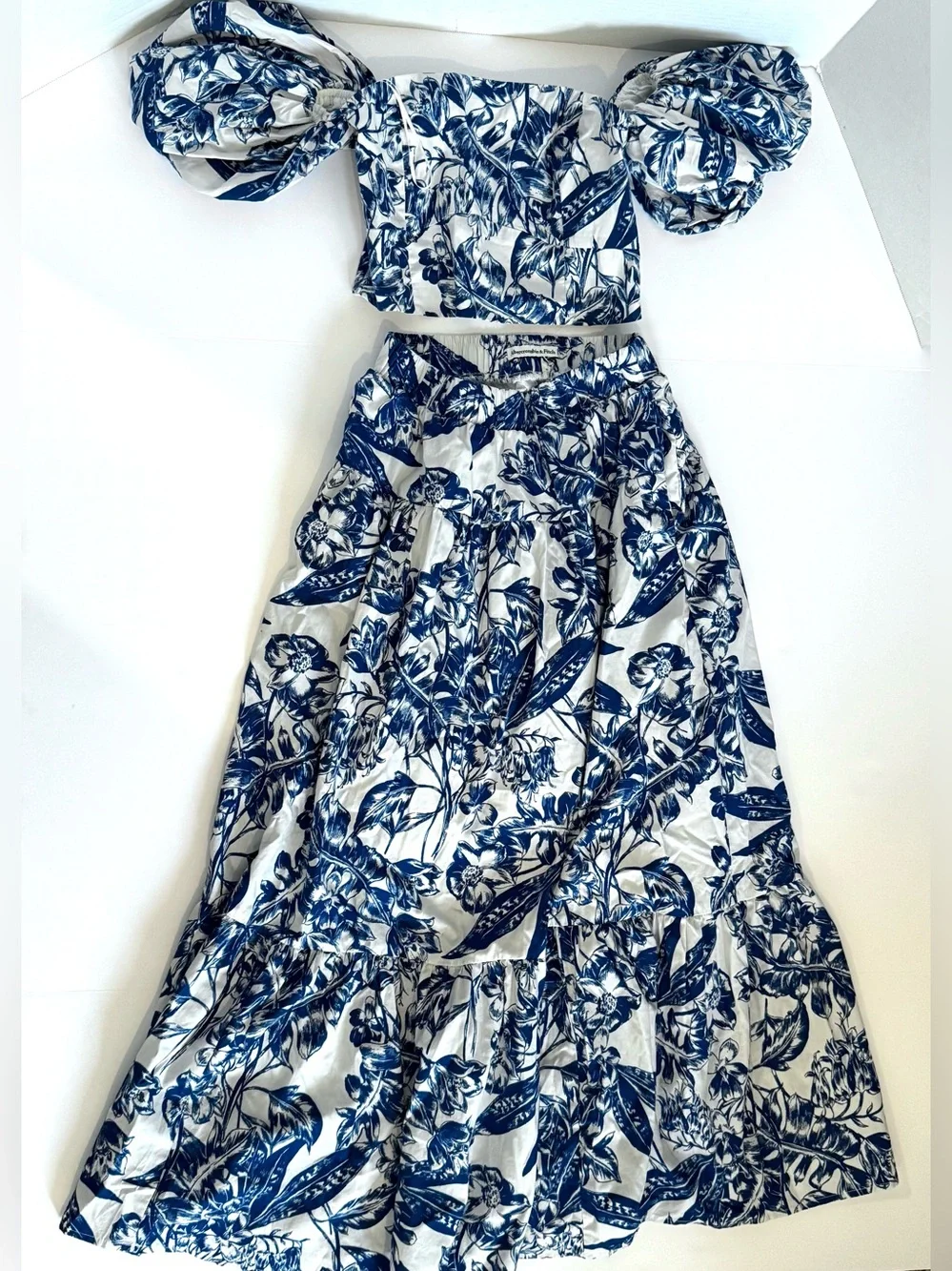Abercrombie Off Shoulder Crop Top Tiered Maxi Skirt Set S Floral Poplin Boho